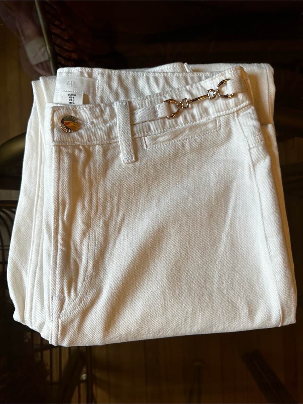 H&M White Wide Leg Jeans with Gold Hardware